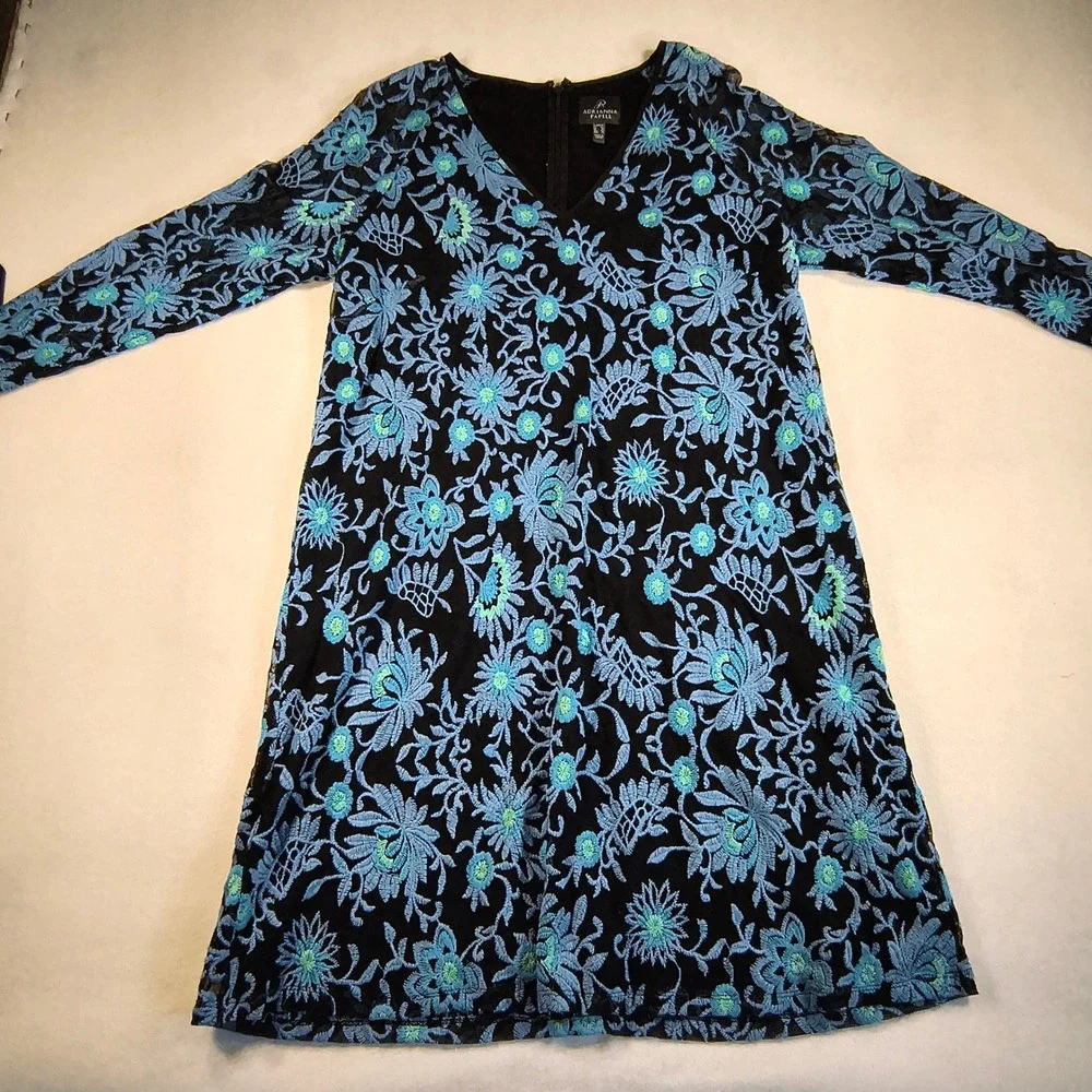 Adrianna Papell Black Blue Embroidered Floral Cocktail Party Dress Size 12 - Picture 2 of 11